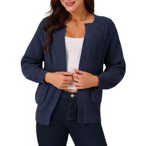 Sweater Open Front Long Sleeve Knitted Casual Cardigan with Pockets Navy Blue